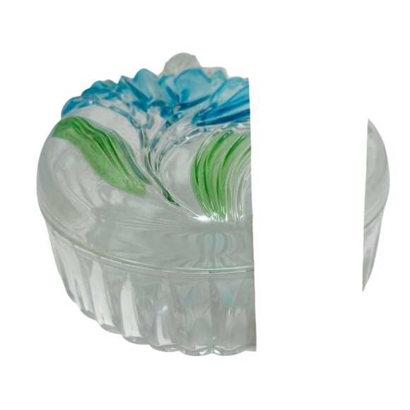 Vintage Clear Lucite Plastic Powder Box Blue Green Floral Starburst Ribbed - Picture 7 of 9